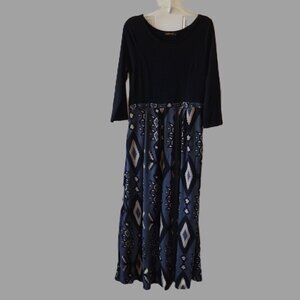 Reborn maxi dress size L, black bodice, grey& cream geometric print on skirt VGC